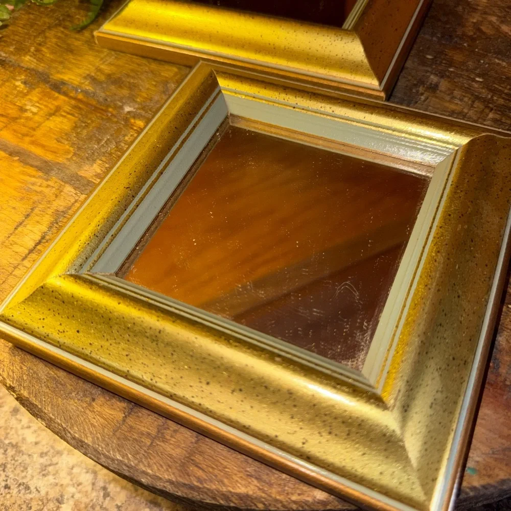 PAIR OF VINTAGE GOLD SQUARE FRAMED ACCENT MIRRORS WOOD 6 INCH WALL MOUNTED